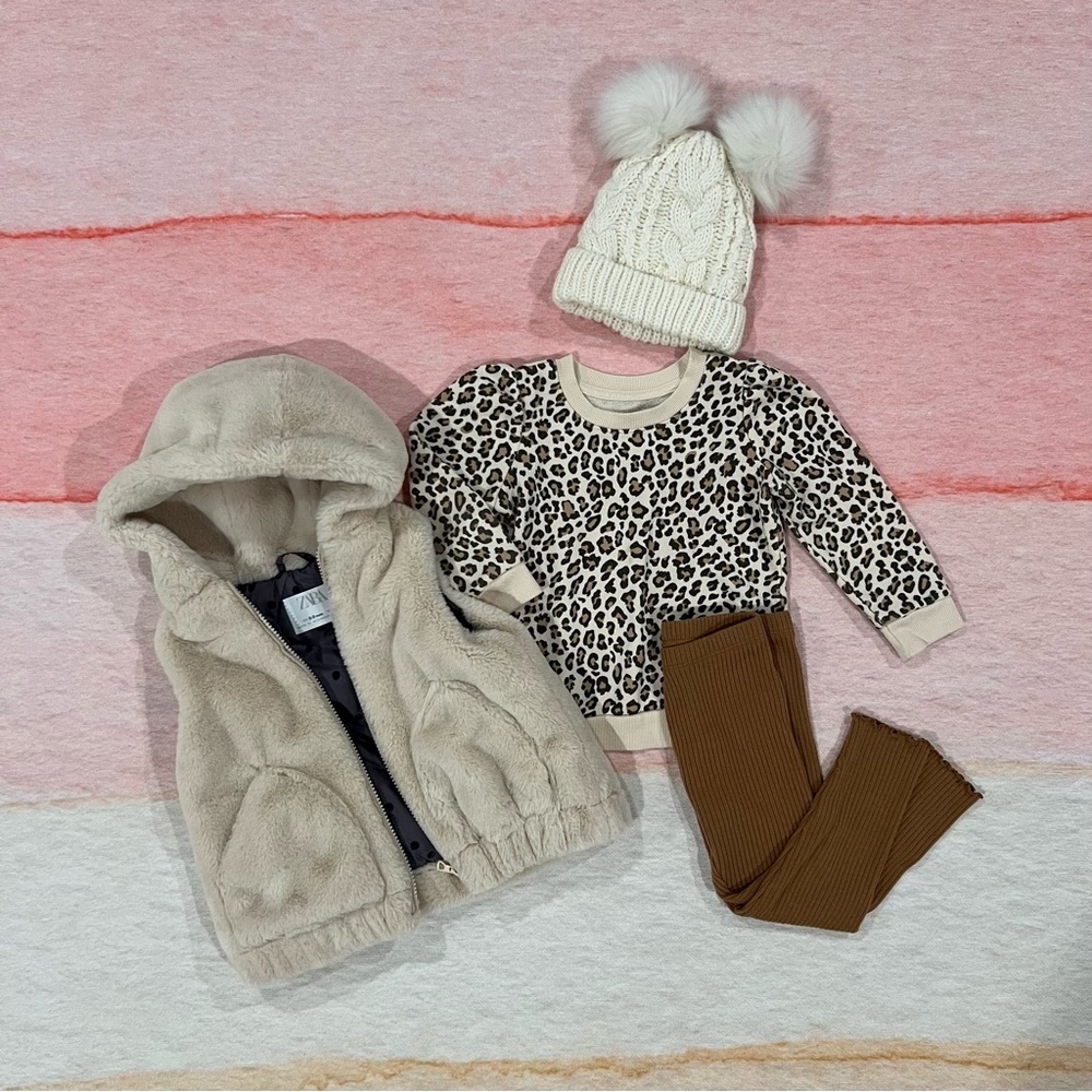 Girls 3T Beige Faux Fur Hooded Vest & Leopard Jogger Set with cream Pom Pom Hat